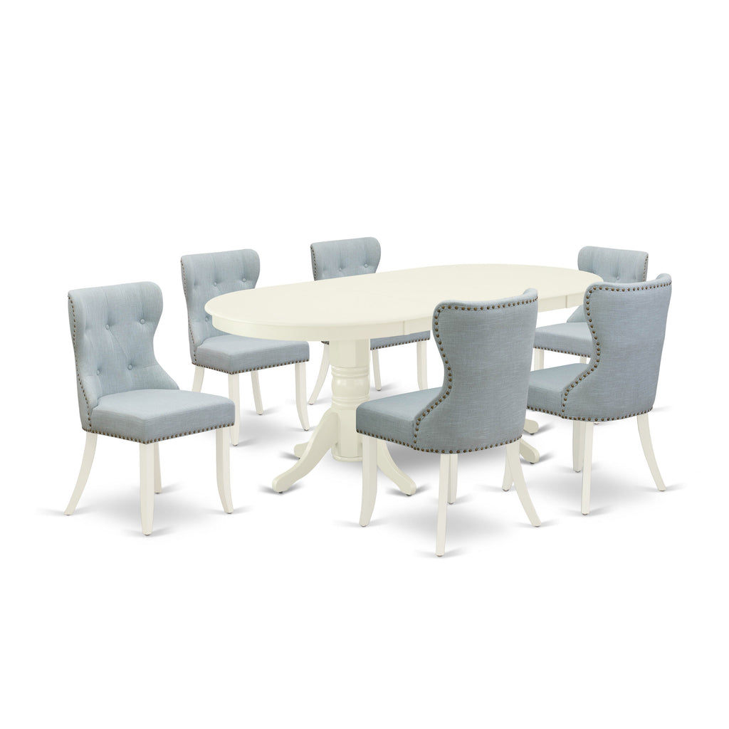East West Furniture VASI7-LWH-15 7 Piece Kitchen Table & Chairs Set Consist of an Oval Wooden Table with Butterfly Leaf and 6 Baby Blue Linen Fabric Parsons Chairs, 40x76 Inch, Linen White