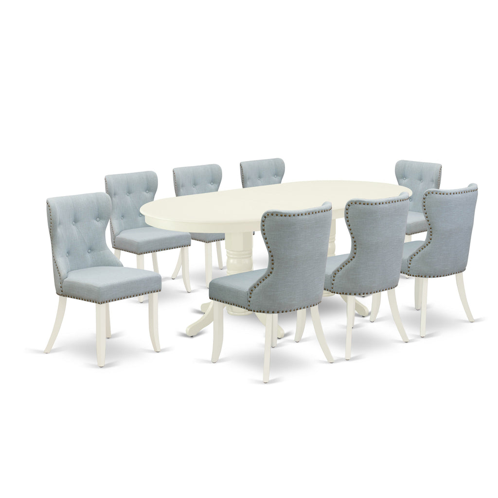 East West Furniture VASI9-LWH-15 9 Piece Dining Room Set Includes an Oval Kitchen Table with Butterfly Leaf and 8 Baby Blue Linen Fabric Parsons Dining Chairs, 40x76 Inch, Linen White