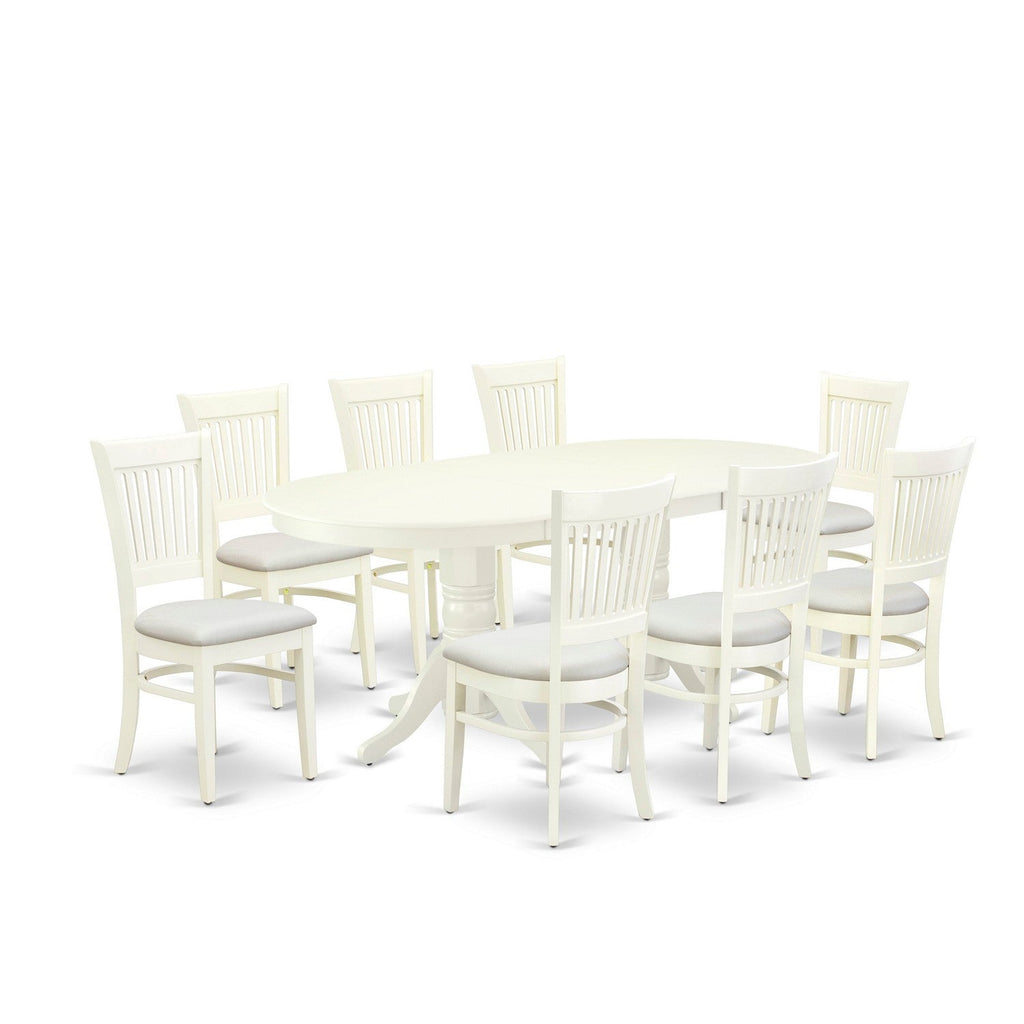 East West Furniture VAVA9-LWH-C 9 Piece Dining Set Includes an Oval Dining Room Table with Butterfly Leaf and 8 Linen Fabric Upholstered Kitchen Chairs, 40x76 Inch, Linen White