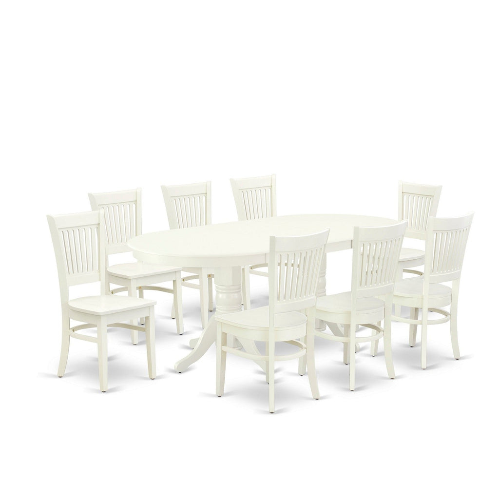 East West Furniture VAVA9-LWH-W 9 Piece Dining Room Table Set Includes an Oval Kitchen Table with Butterfly Leaf and 8 Dining Chairs, 40x76 Inch, Linen White