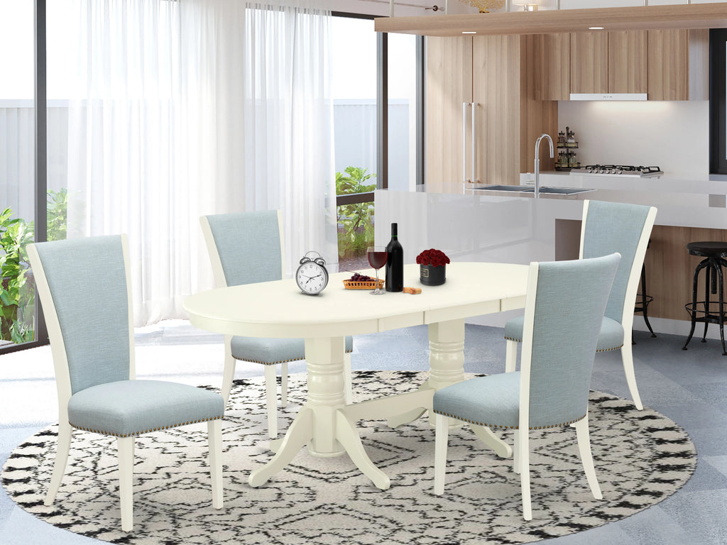 East West Furniture VAVE5-LWH-15 5 Piece Dining Table Set for 4 Includes an Oval Kitchen Table with Butterfly Leaf and 4 Baby Blue Linen Fabric Upholstered Chairs, 40x76 Inch, Linen White