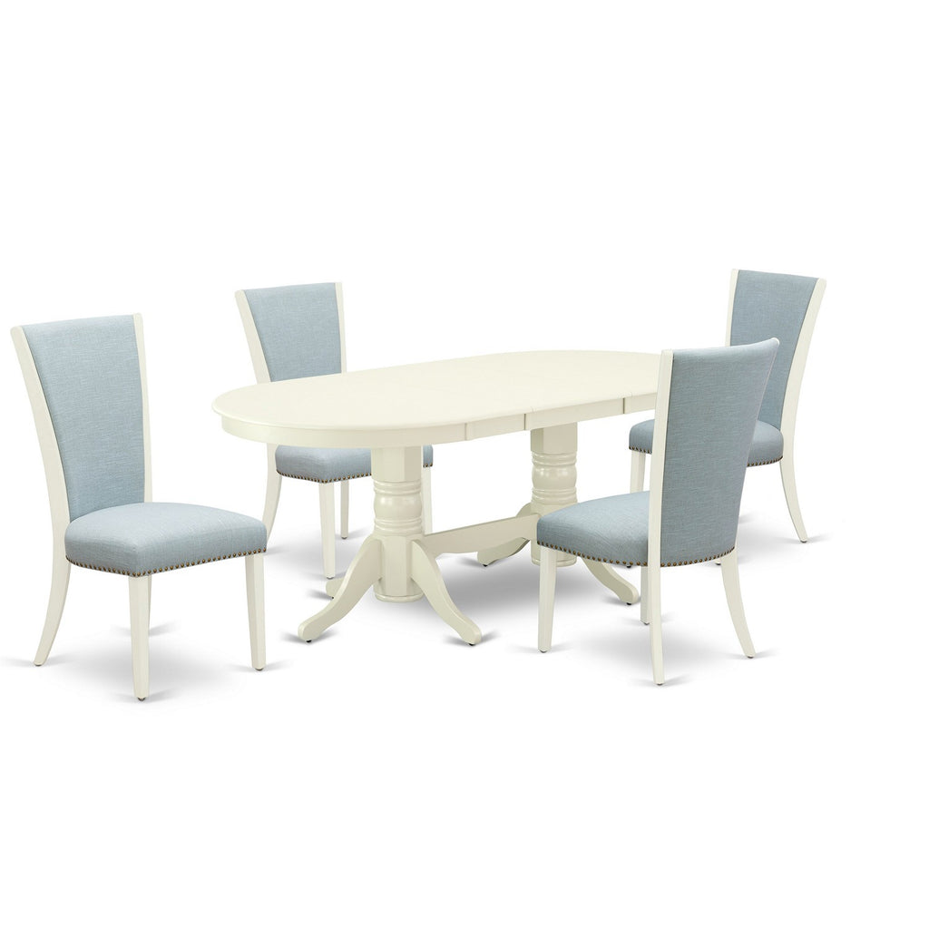 East West Furniture VAVE5-LWH-15 5 Piece Dining Table Set for 4 Includes an Oval Kitchen Table with Butterfly Leaf and 4 Baby Blue Linen Fabric Upholstered Chairs, 40x76 Inch, Linen White