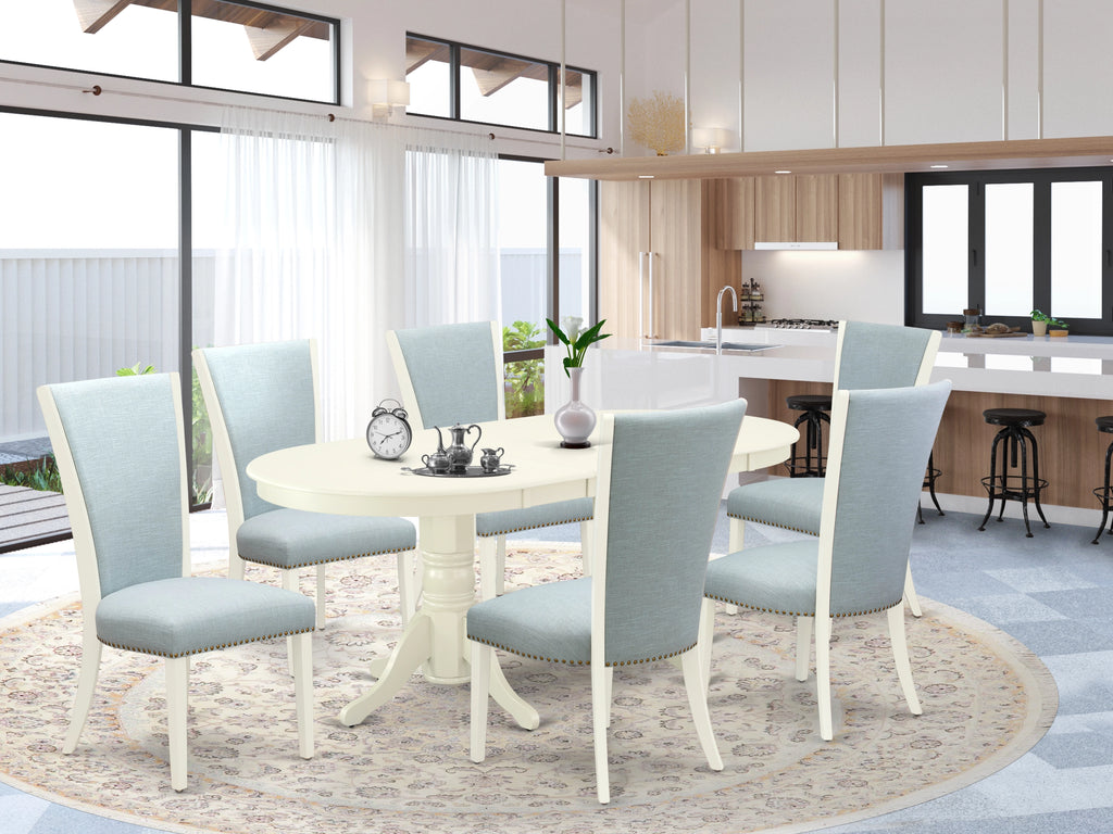 East West Furniture VAVE7-LWH-15 7 Piece Dining Room Furniture Set Consist of an Oval Wooden Table with Butterfly Leaf and 6 Baby Blue Linen Fabric Parson Chairs, 40x76 Inch, Linen White