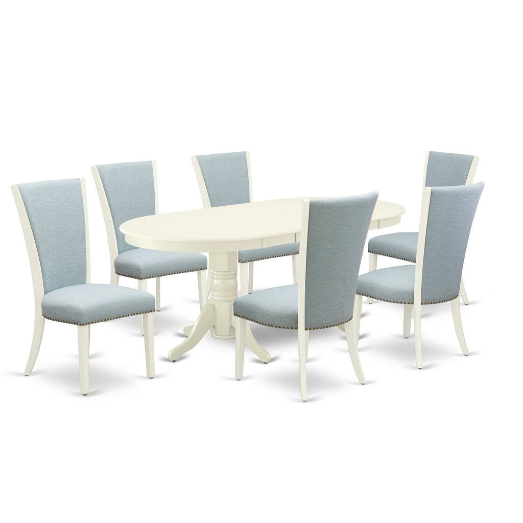 East West Furniture VAVE7-LWH-15 7 Piece Dining Room Furniture Set Consist of an Oval Wooden Table with Butterfly Leaf and 6 Baby Blue Linen Fabric Parson Chairs, 40x76 Inch, Linen White