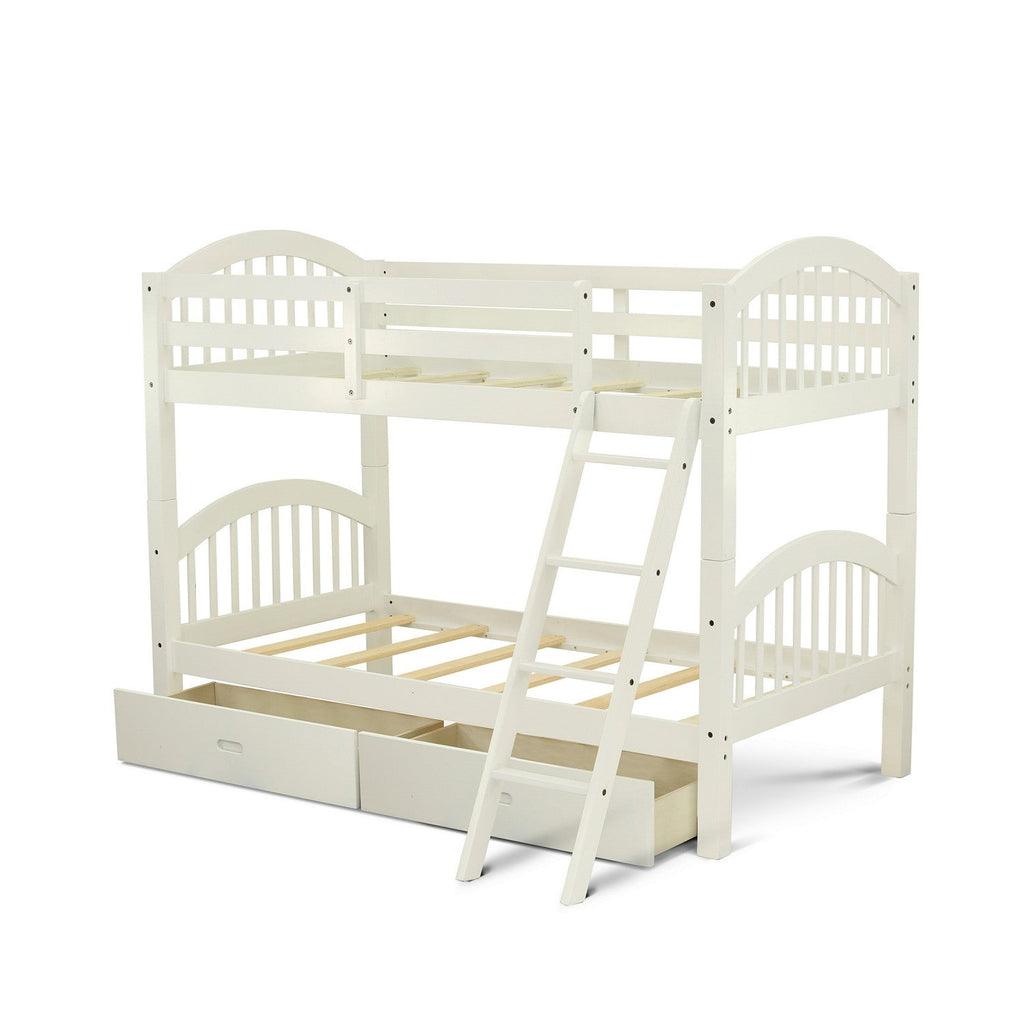 East West Furniture Verona Twin Bunk Bed in White Finish with Under Drawer