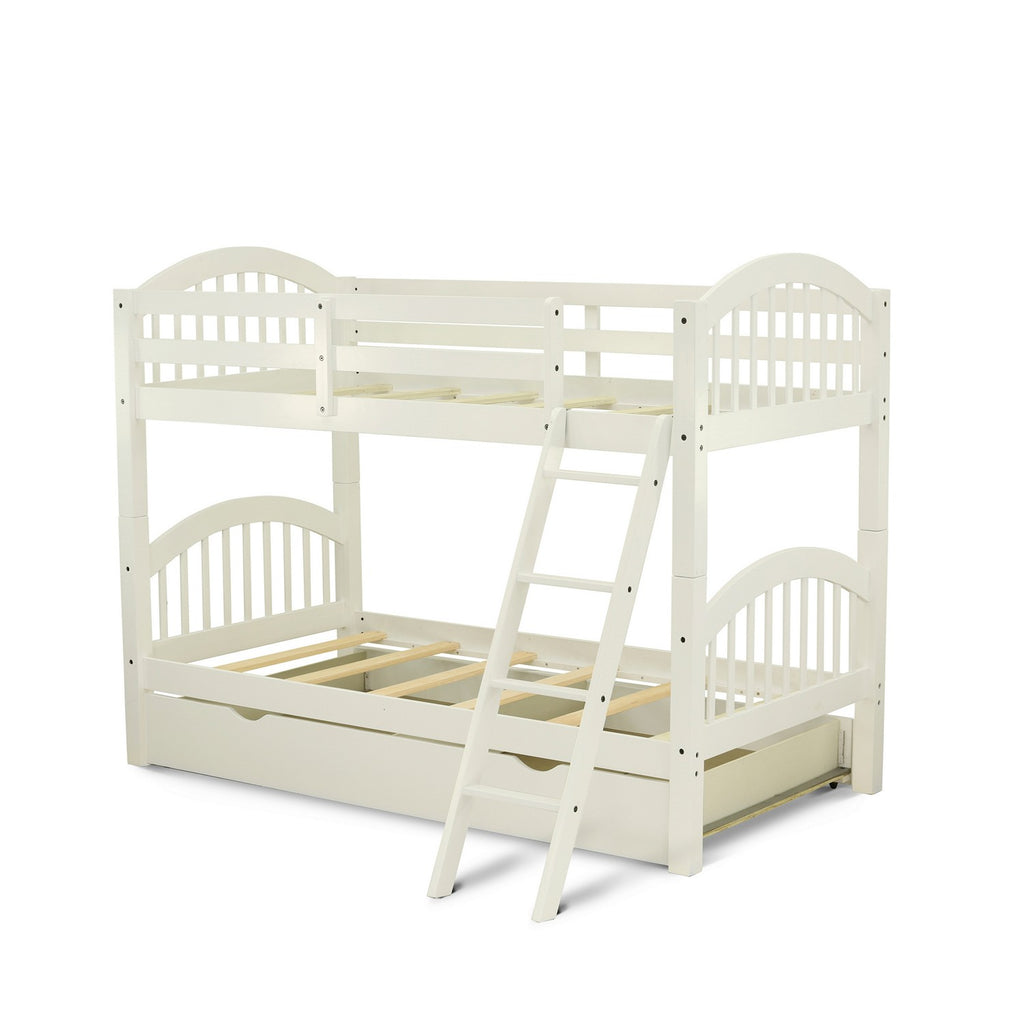 East West Furniture Verona Twin Bunk Bed in White Finish with Convertible Trundle & Drawer