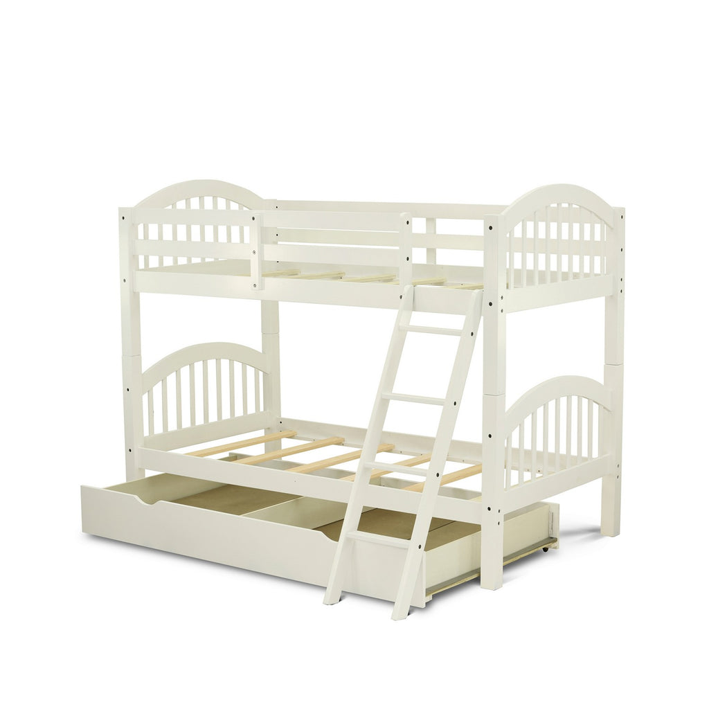 East West Furniture Verona Twin Bunk Bed in White Finish with Convertible Trundle & Drawer