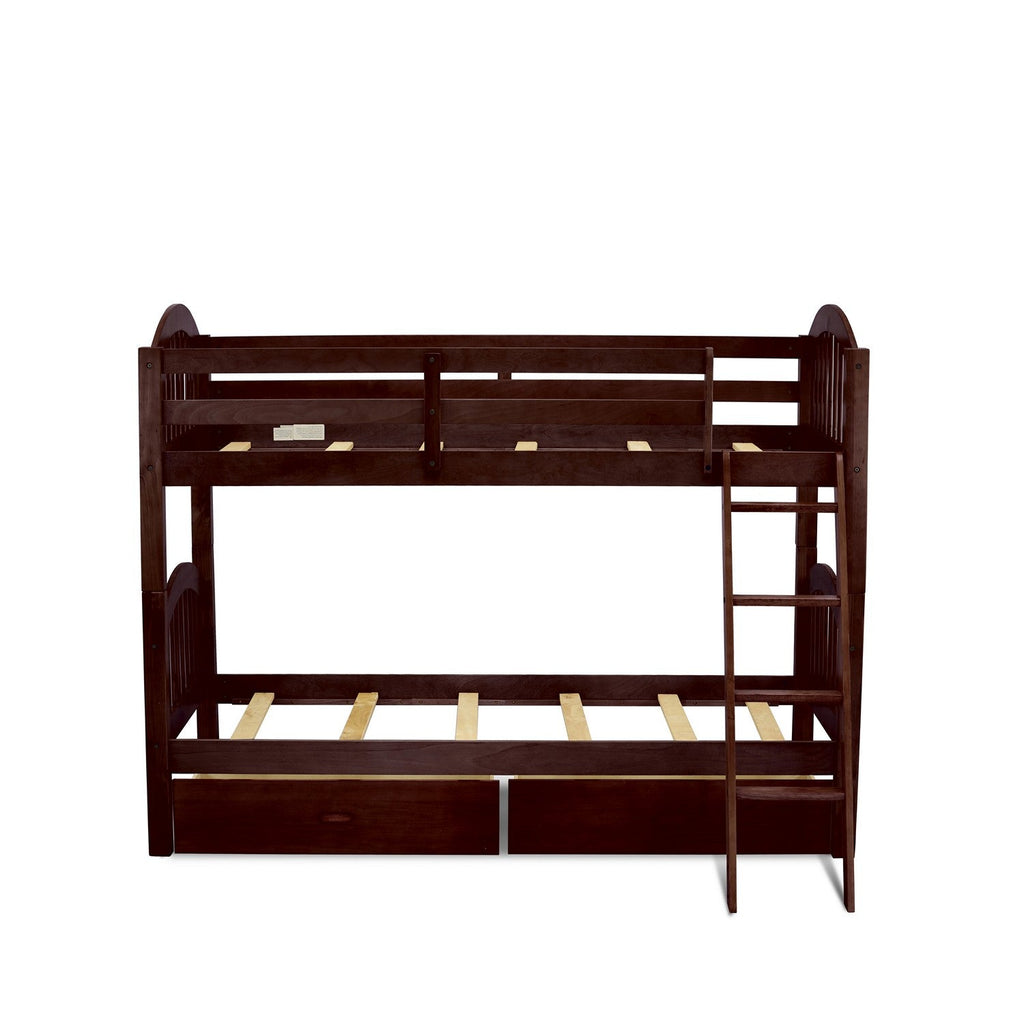 East West Furniture Verona Twin Bunk Bed in Java Finish with Under Drawer