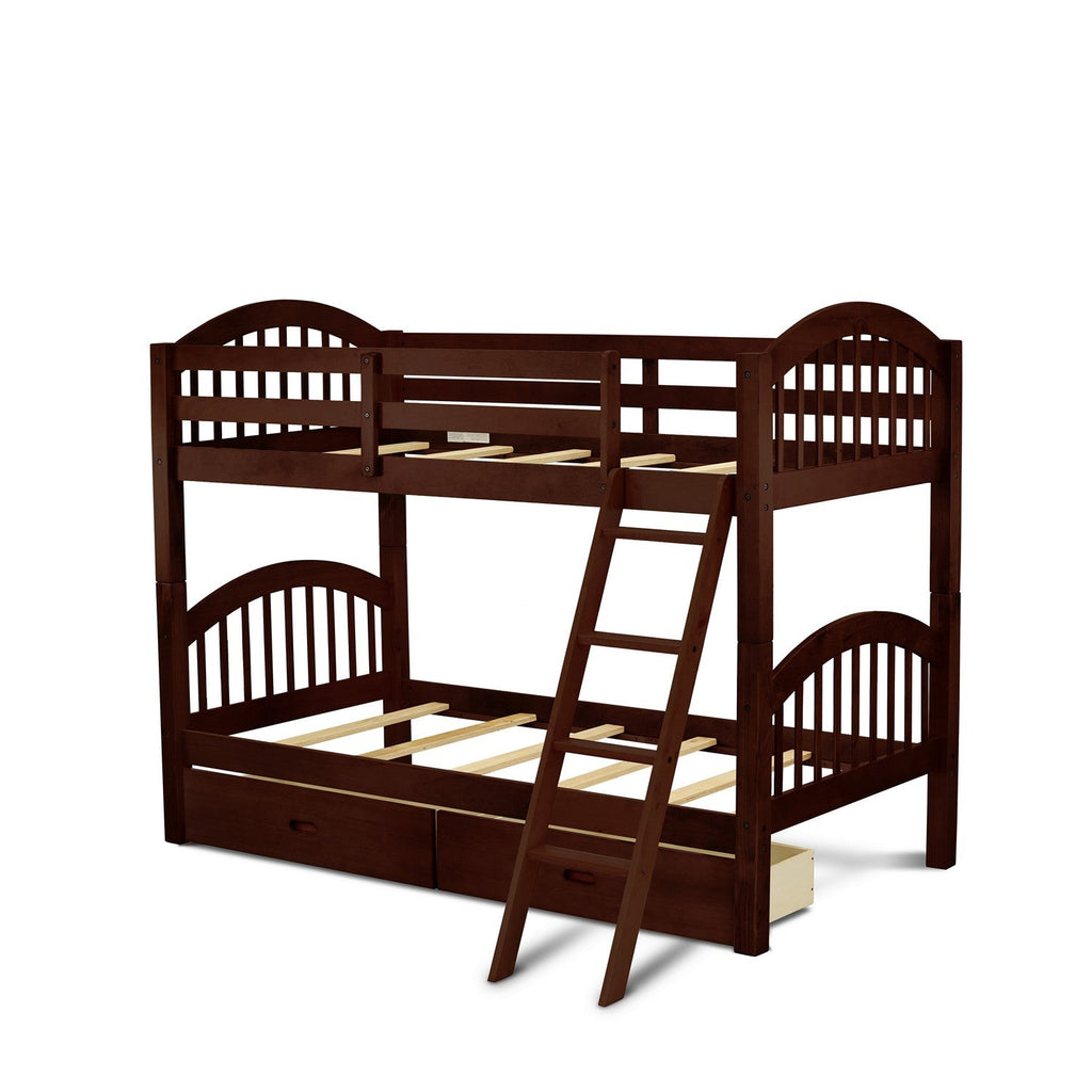 East West Furniture Verona Twin Bunk Bed in Java Finish with Under Drawer