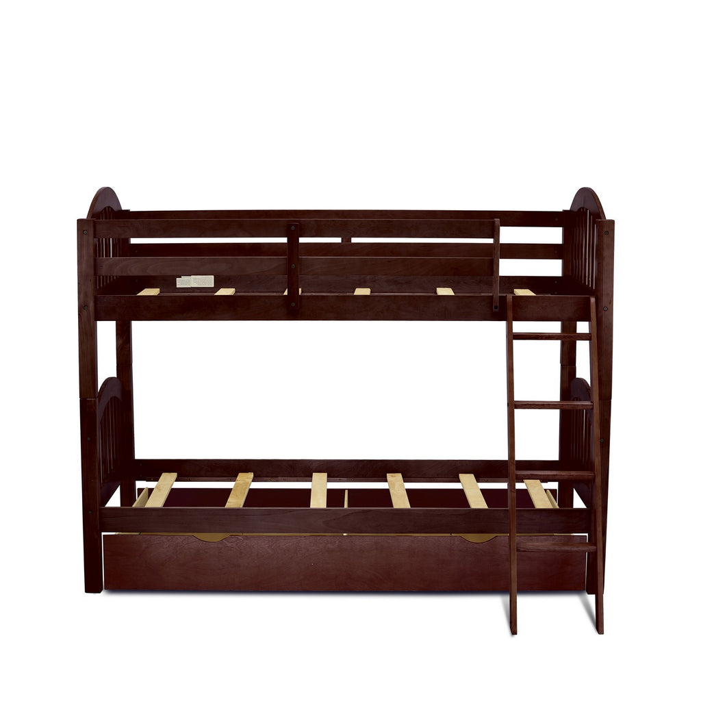 East West Furniture Verona Twin Bunk Bed in Java Finish with Convertible Trundle & Drawer