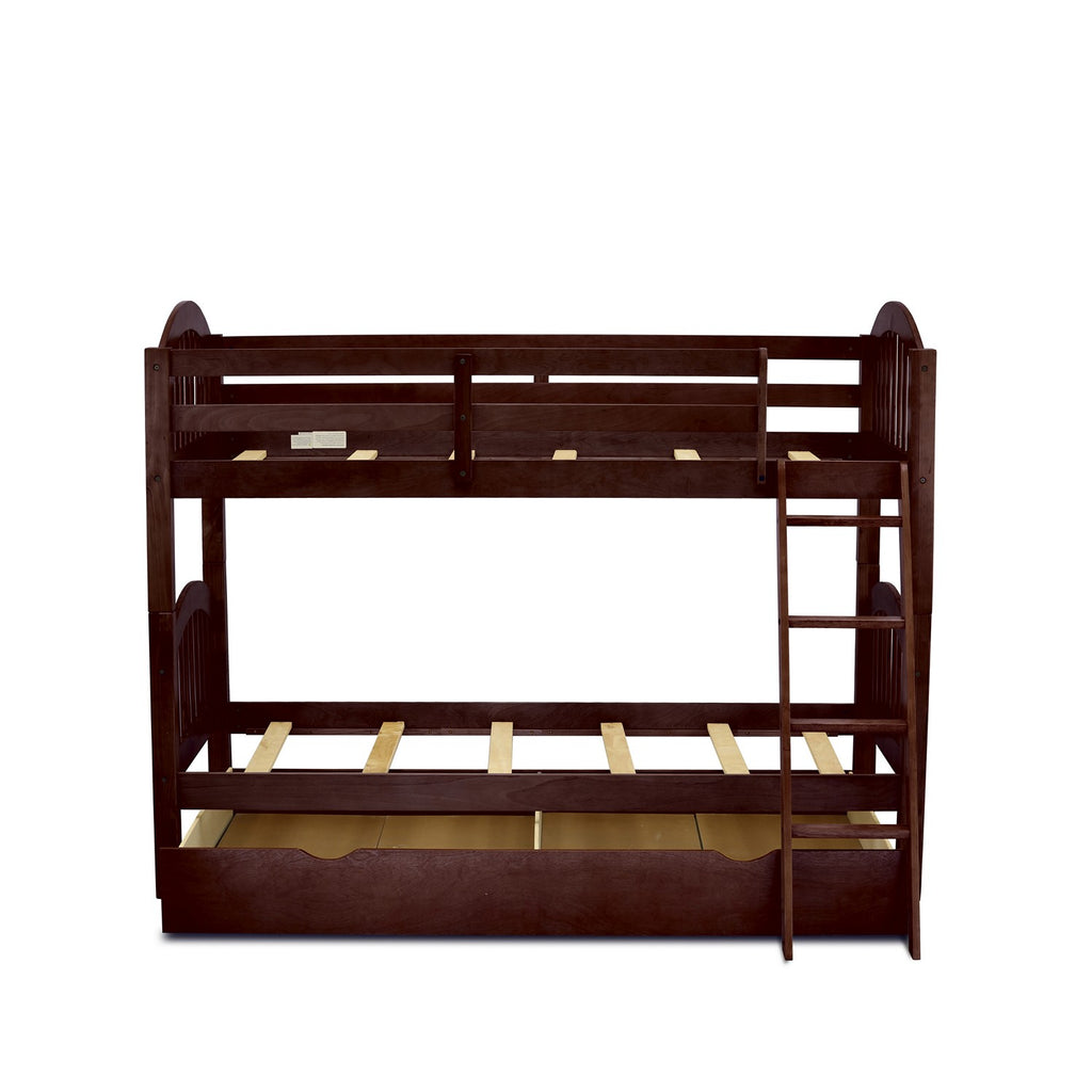East West Furniture Verona Twin Bunk Bed in Java Finish with Convertible Trundle & Drawer