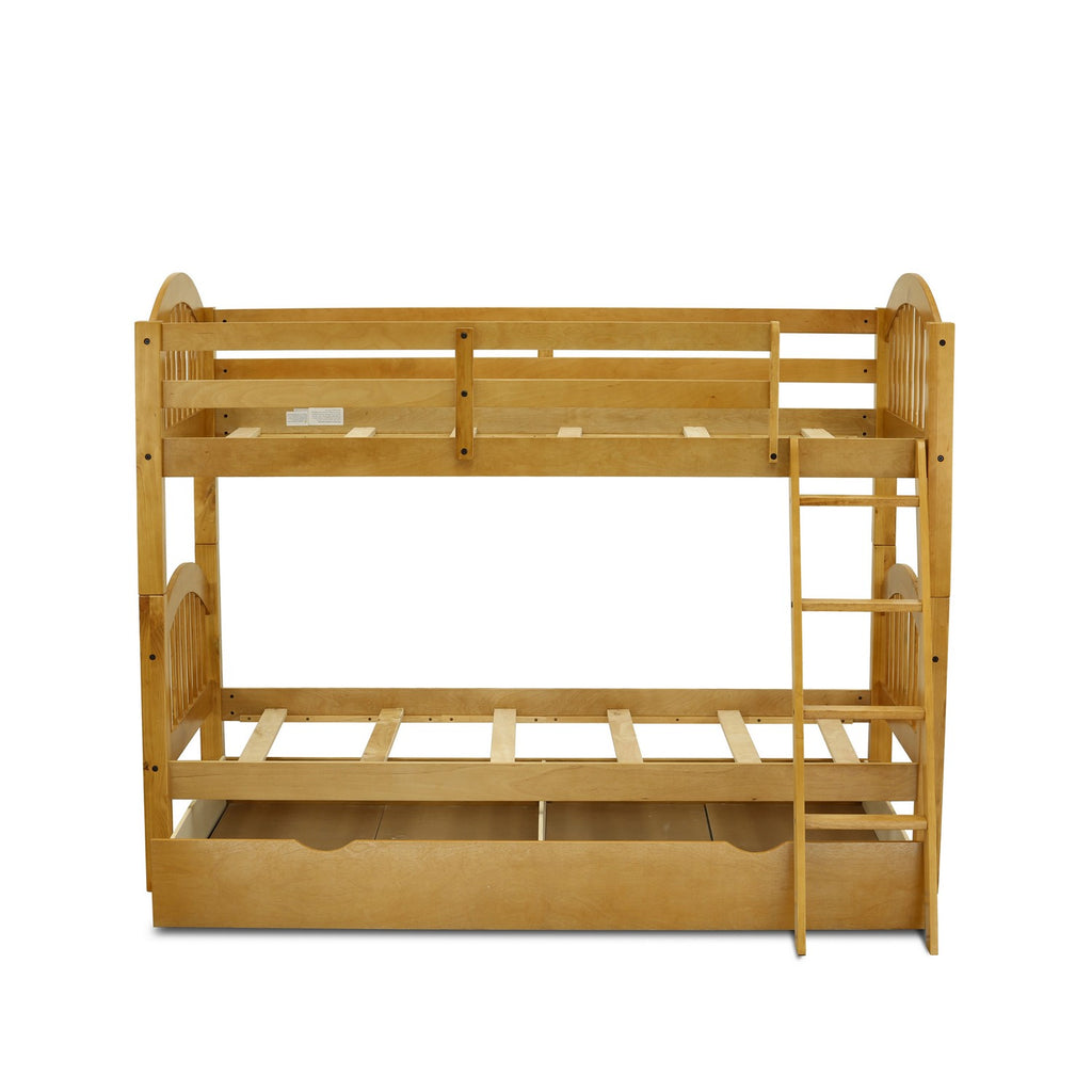 East West Furniture Verona Twin Bunk Bed in Natural Oak Finish with Convertible Trundle & Drawer
