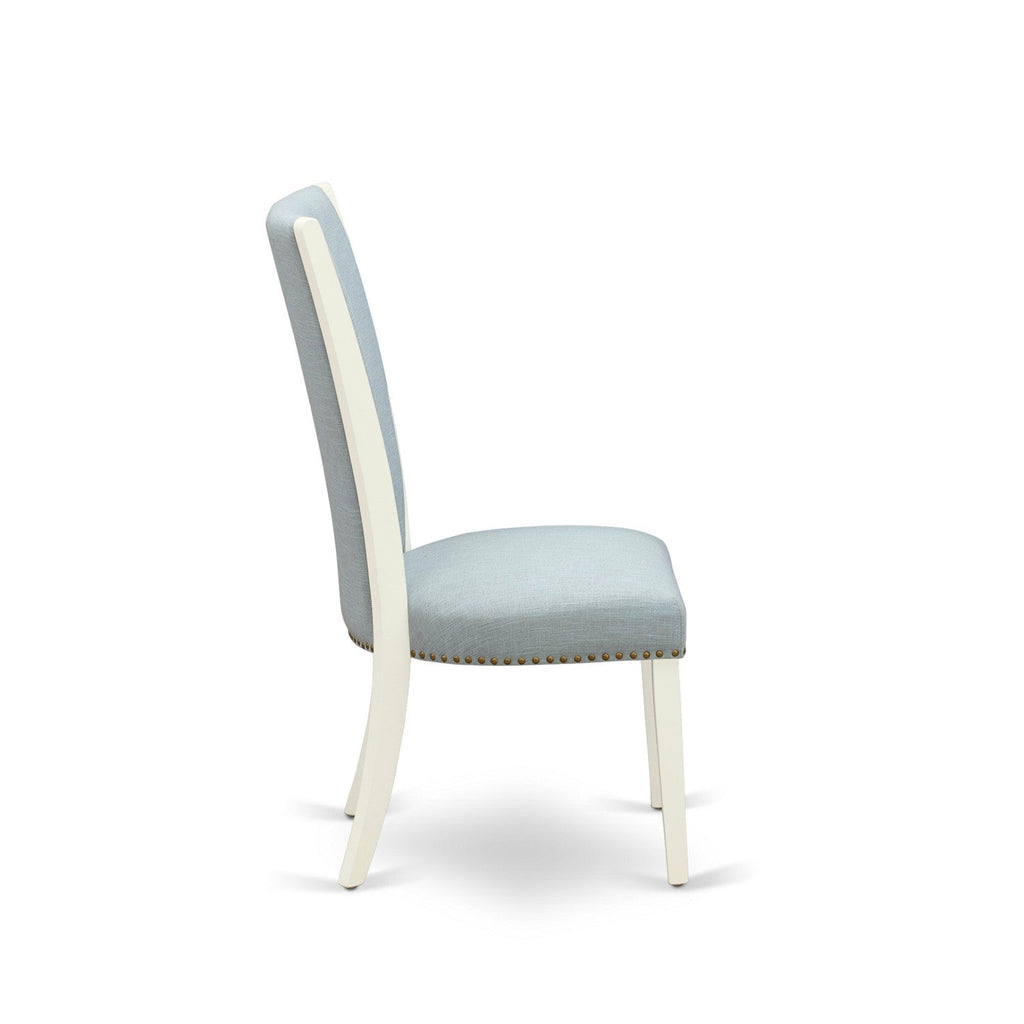 East West Furniture VEP2T15 Verona Parson Dining Chairs - Nailhead Trim Baby Blue Linen Fabric Padded Chairs, Set of 2, Linen White