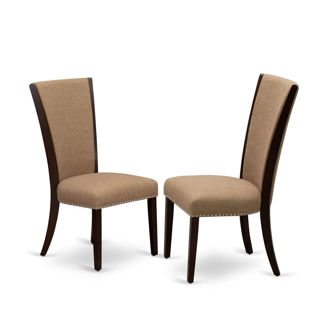 East West Furniture VEP3T47 Verona Modern Parson Chairs - Nailhead Trim Light Sable Linen Fabric Upholstered Dining Chairs, Set of 2, Mahogany