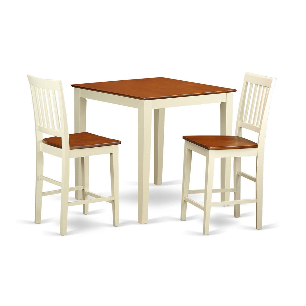 East West Furniture VERN3-WHI-W 3 Piece Counter Height Pub Set for Small Spaces Contains a Square Dinette Table and 2 Dining Room Chairs, 36x36 Inch, Buttermilk & Cherry