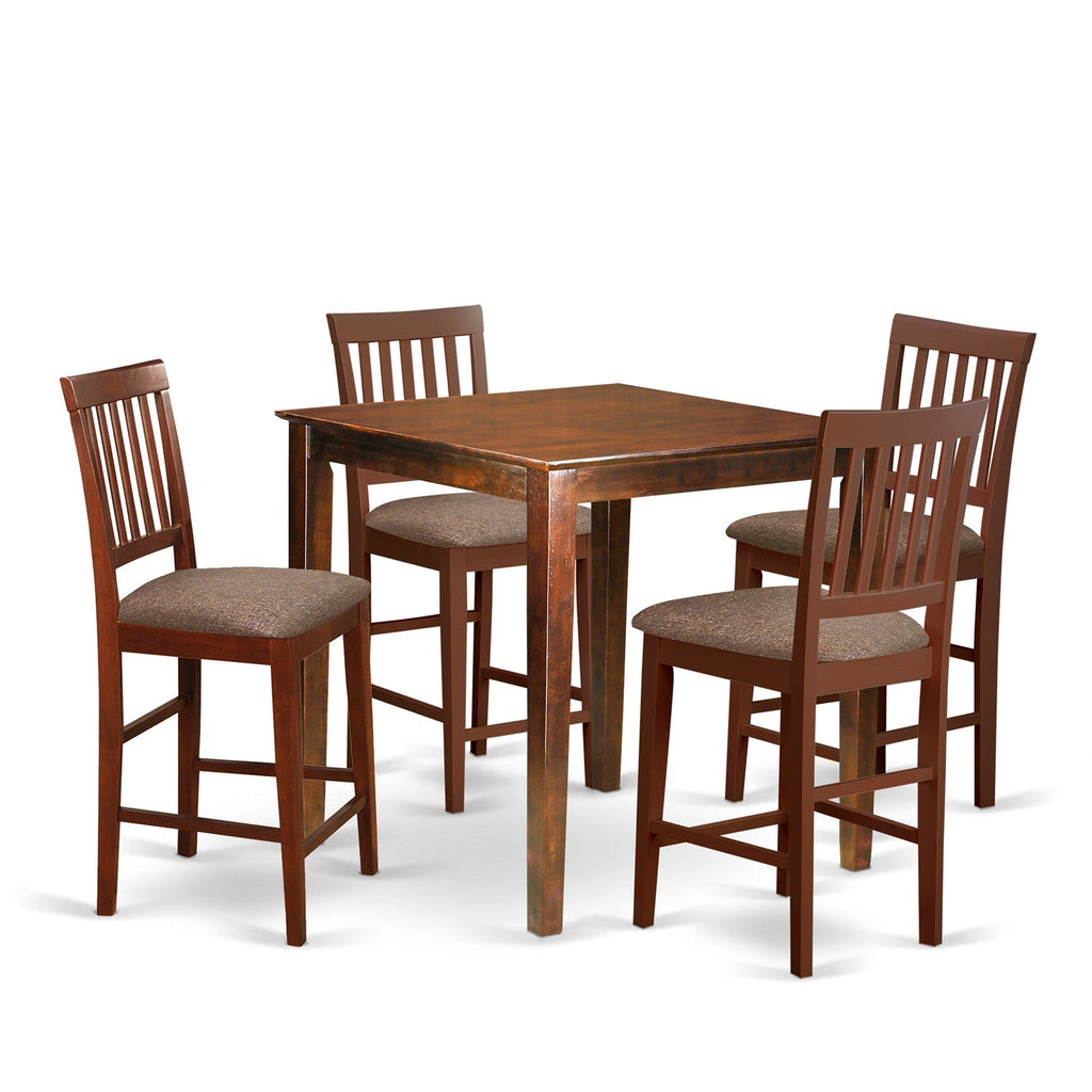 East West Furniture VERN5-MAH-C 5 Piece Counter Height Dining Table Set Includes a Square Kitchen Table and 4 Linen Fabric Upholstered Dining Chairs, 36x36 Inch, Mahogany