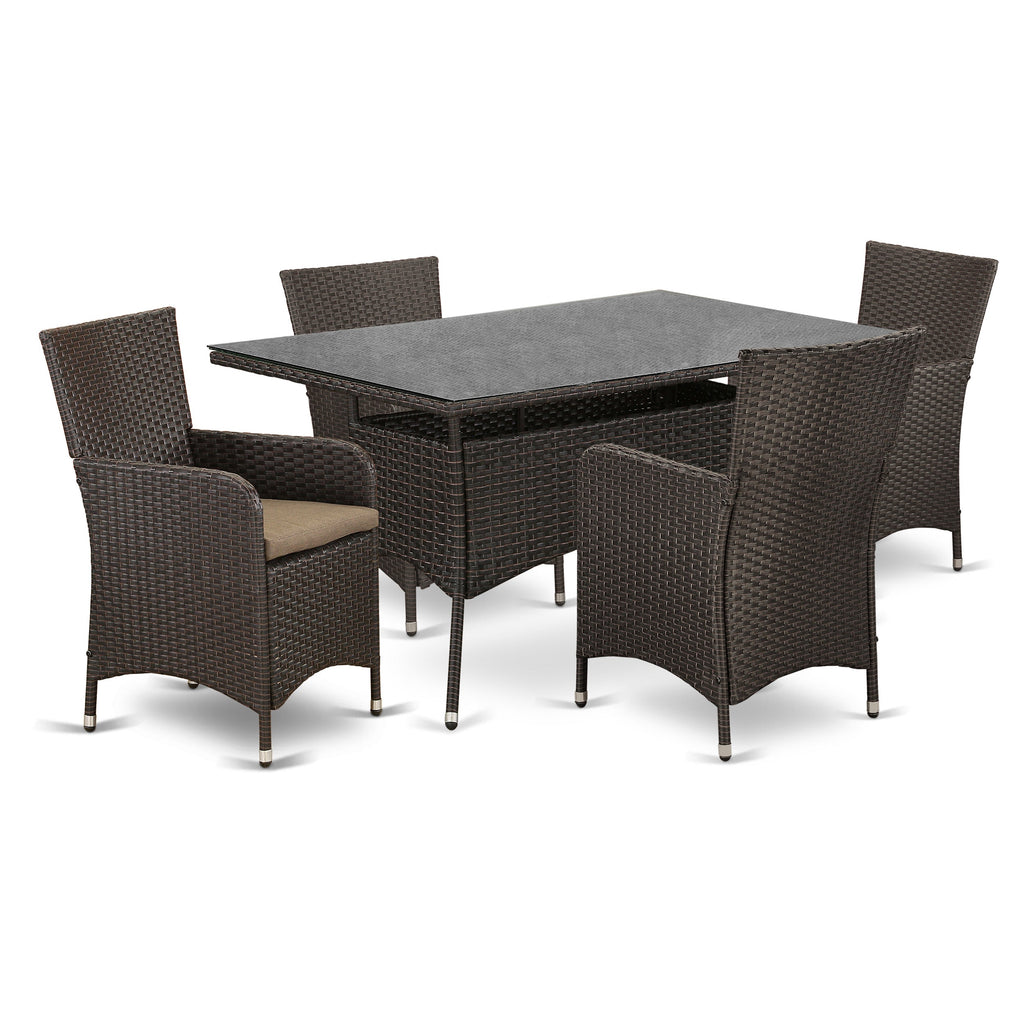 East West Furniture VLLU5-63S 5 Piece Outdoor Wicker Patio Furniture Sets Includes a Rectangle Bistro Dining Table with Glass Top and 4 Balcony Armchair with Cushion, 35x55 Inch, Dark Brown
