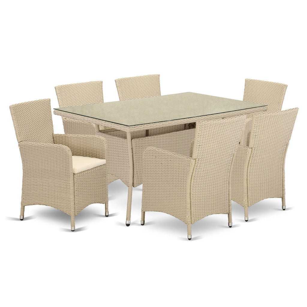 East West Furniture VLLU7-53V 7 Piece Outdoor Wicker Patio Furniture Sets Consist of a Rectangle Bistro Dining Table with Glass Top and 6 Balcony Armchair with Cushion, 35x55 Inch, Cream