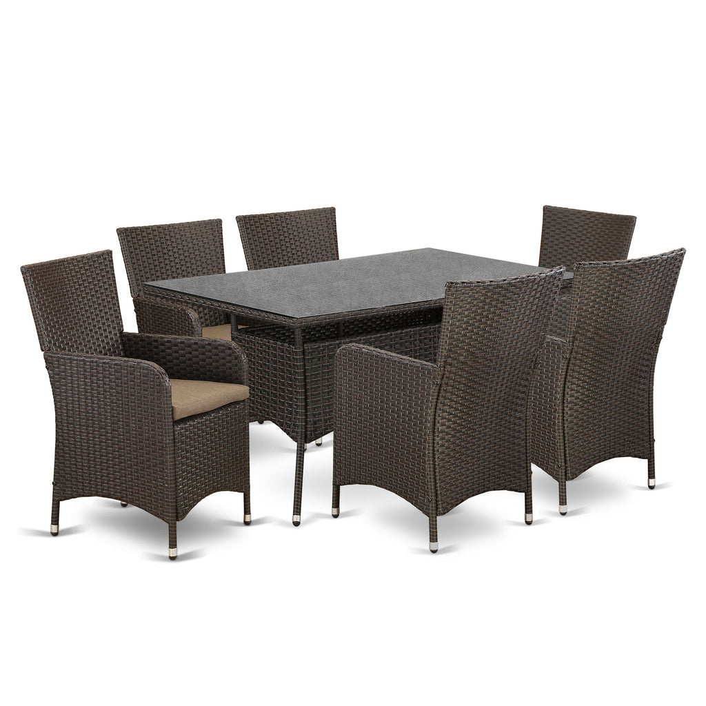 East West Furniture VLLU7-63S 7 Piece Outdoor Patio Conversation Sets Consist of a Rectangle Wicker Dining Table with Glass Top and 6 Backyard Armchair with Cushion, 35x55 Inch, Dark Brown