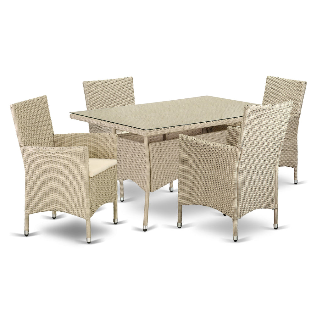 East West Furniture VLVL5-53V 5 Piece Outdoor Wicker Patio Furniture Sets Includes a Rectangle Bistro Dining Table with Glass Top and 4 Balcony Armchair with Cushion, 35x55 Inch, Cream