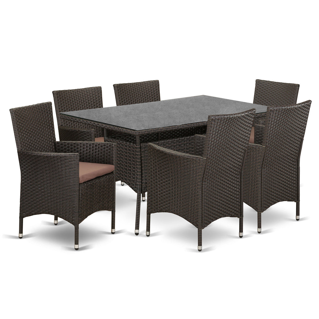 East West Furniture VLVL7-63S 7 Piece Wicker Patio Furniture Set Consist of a Rectangle Outdoor Table with Glass Top and 6 Balcony Backyard Armchair with Cushion, 35x55 Inch, Dark Brown