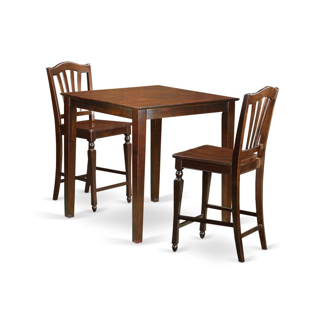 East West Furniture VNCH3-MAH-W 3 Piece Counter Height Pub Set for Small Spaces Contains a Square Dining Room Table and 2 Kitchen Chairs, 36x36 Inch, Mahogany