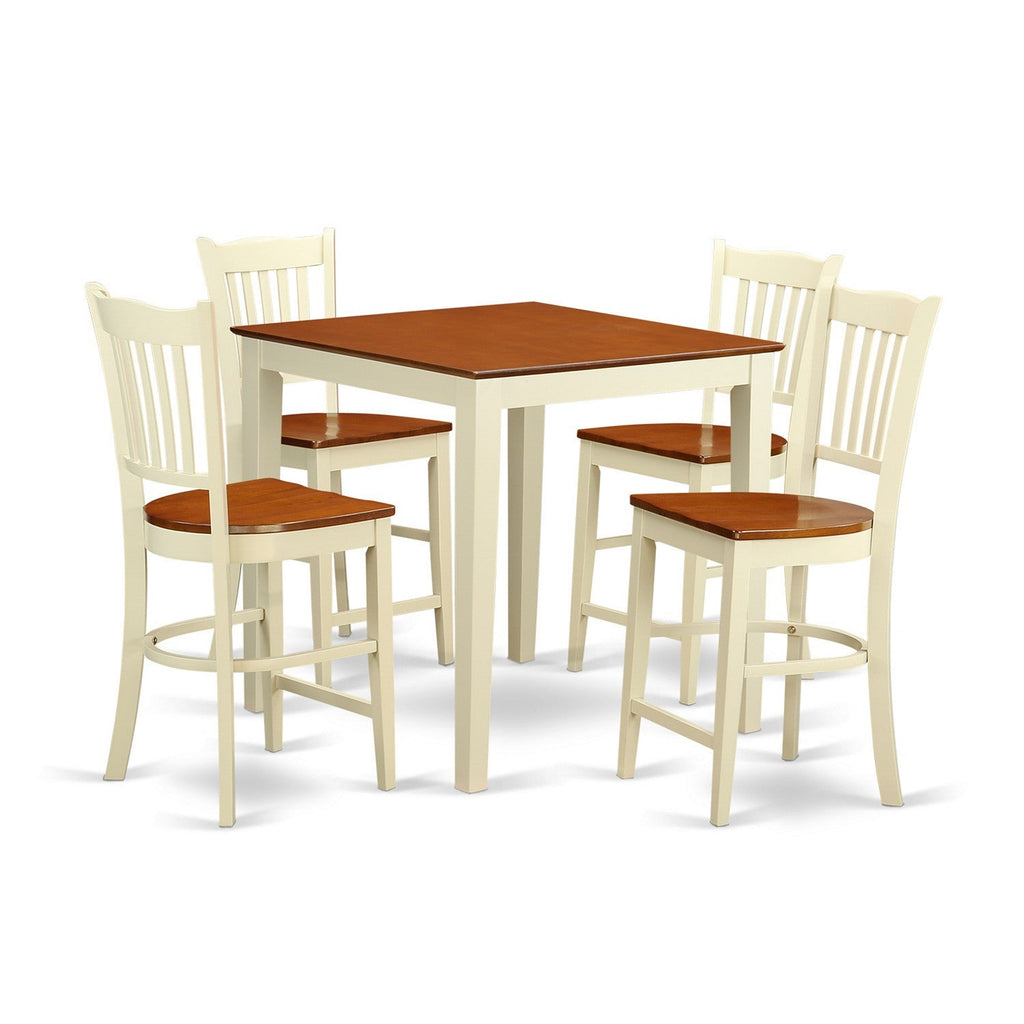 East West Furniture VNGR5-WHI-W 5 Piece Counter Height Dining Table Set Includes a Square Kitchen Table and 4 Dining Chairs, 36x36 Inch, Buttermilk & Cherry