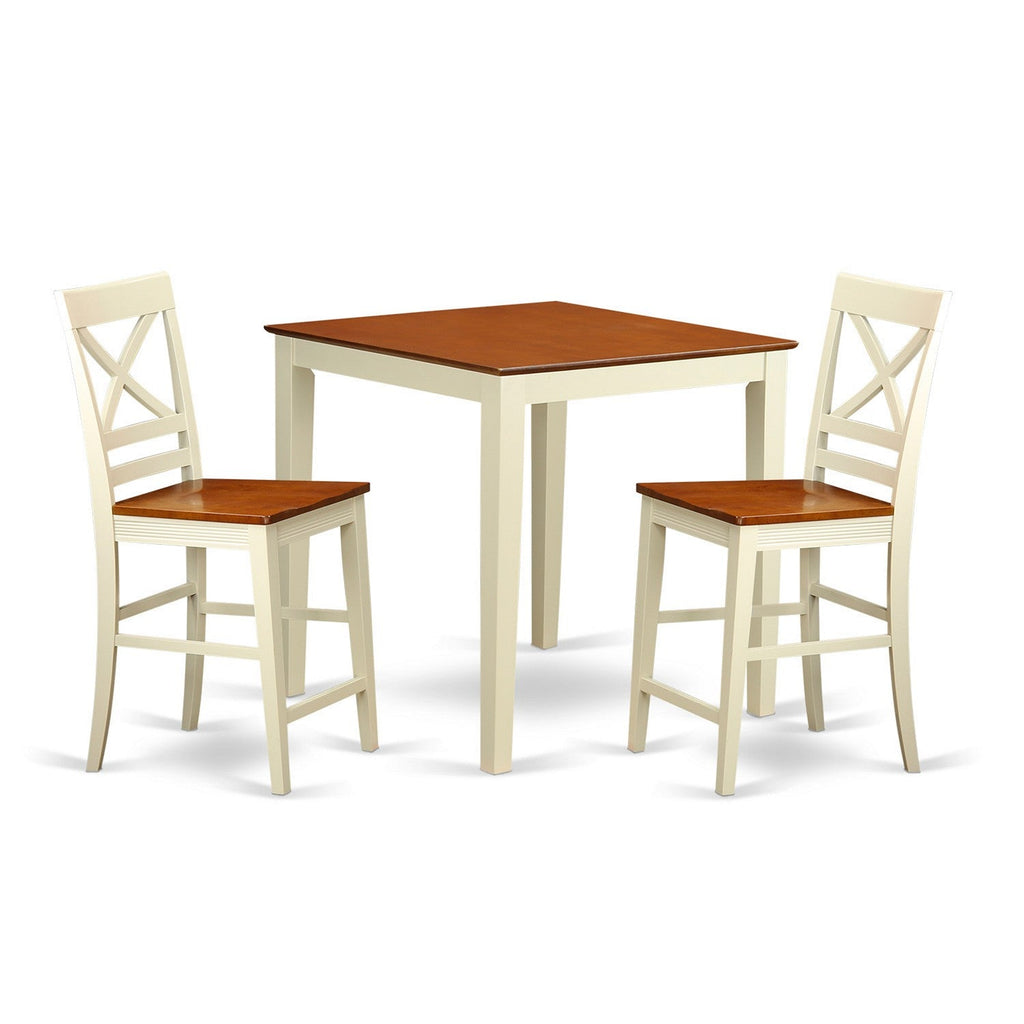 East West Furniture VNQU3-WHI-W 3 Piece Kitchen Counter Height Dining Table Set Contains a Square Pub Table and 2 Dining Room Chairs, 36x36 Inch, Buttermilk & Cherry