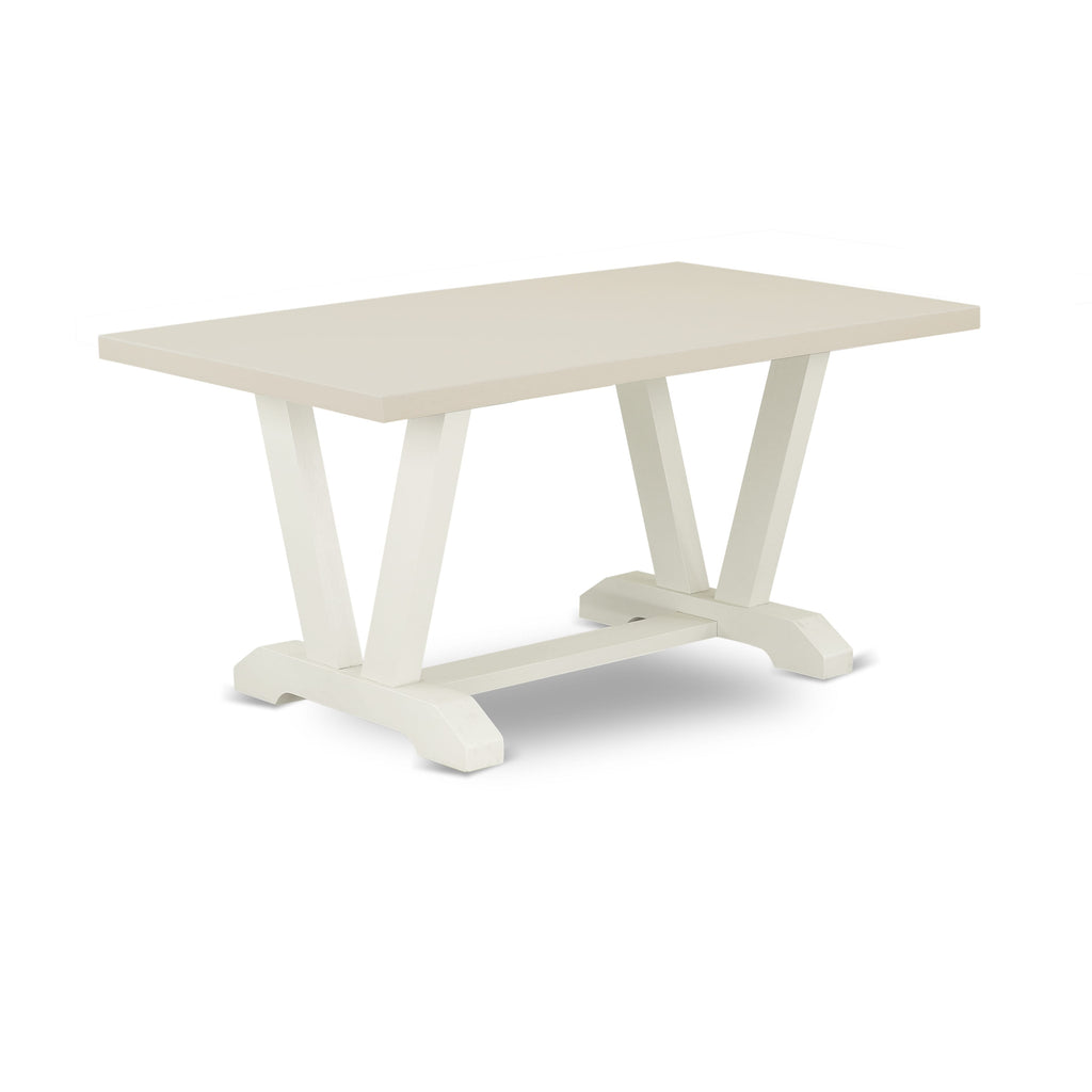 East West Furniture V026EL207-6 6-Pc Dinette Table Set-Smoke Color Linen Fabric Seat and Button Tufted Chair Back Parson Dining chairs, A Rectangular Bench and Rectangular Top Dining room Table with Solid Wood Legs - Linen White and Linen White Finish