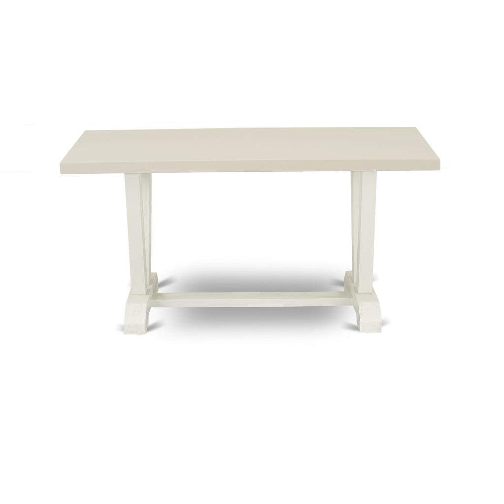 East West Furniture V026FL201-6 6-Piece Dinette Set-Cream Color Linen Fabric Seat and High Stylish Chair Back Kitchen chairs, a Rectangular Bench and Rectangular Top Kitchen Table with Solid Wood Legs - Linen White and Linen White Finish