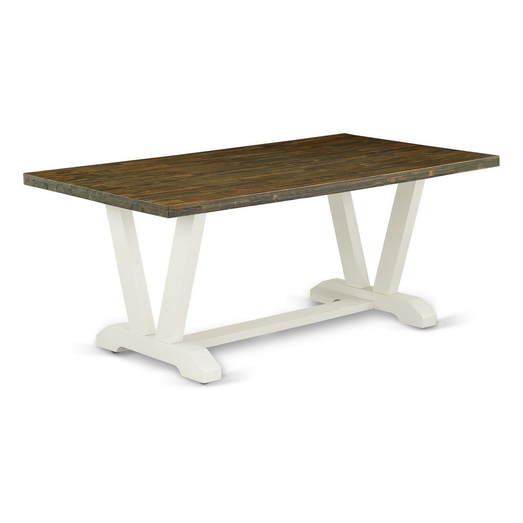 VT077 V-Style 40x72" Rectangular Solid Wood Dining Table - Wirebrushed Linen White & Distressed Jacobean Color