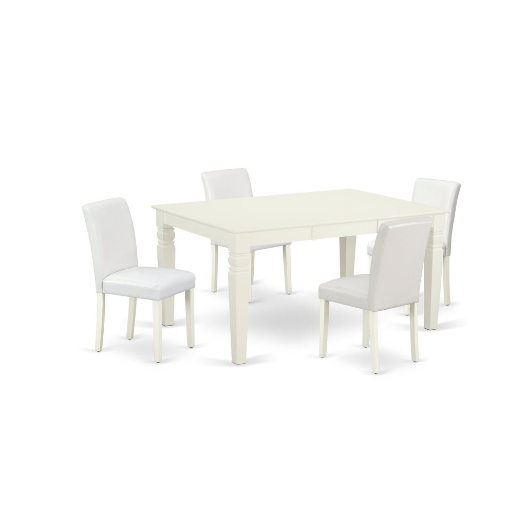 East West Furniture WEAB5-LWH-64 5 Piece Kitchen Table Set Includes a Rectangle Dining Room Table with Butterfly Leaf and 4 White Faux Leather Upholstered Chairs, 42x60 Inch, Linen White