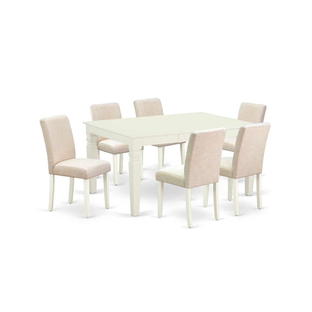 East West Furniture WEAB7-LWH-02 7 Piece Dining Set Consist of a Rectangle Dining Room Table with Butterfly Leaf and 6 Light Beige Linen Fabric Upholstered Chairs, 42x60 Inch, Linen White