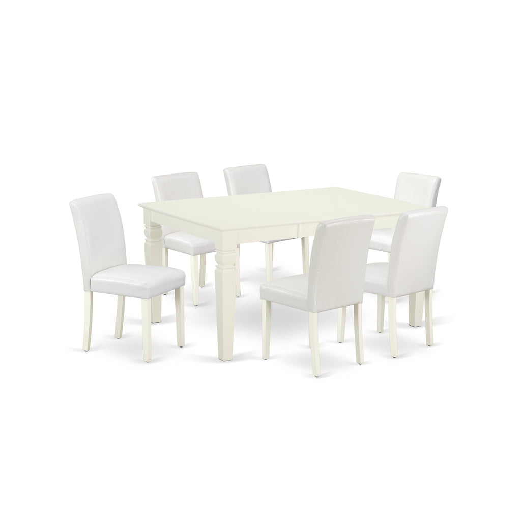 East West Furniture WEAB7-LWH-64 7 Piece Dinette Set Consist of a Rectangle Dining Room Table with Butterfly Leaf and 6 White Faux Leather Parson Dining Chairs, 42x60 Inch, Linen White