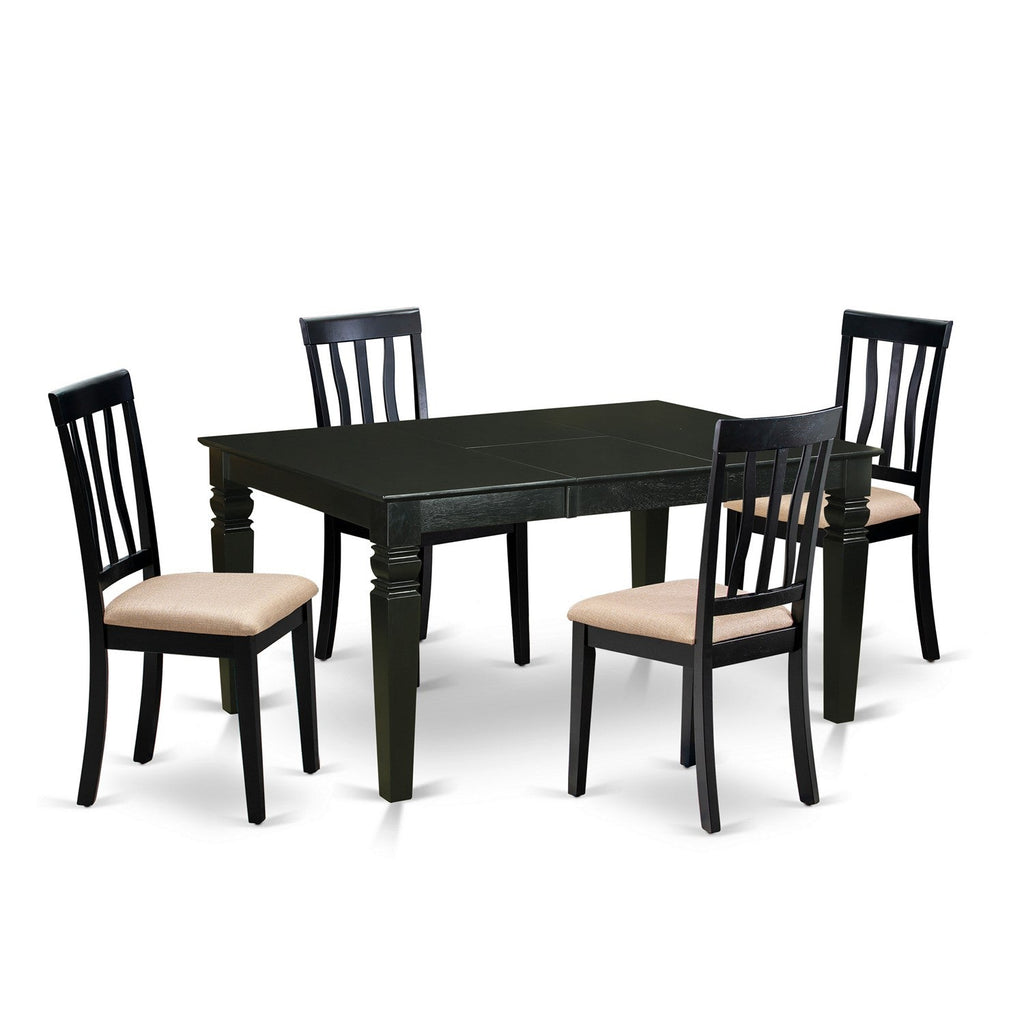 East West Furniture WEAN5-BLK-C 5 Piece Kitchen Table Set Includes a Rectangle Dining Room Table with Butterfly Leaf and 4 Linen Fabric Upholstered Chairs, 42x60 Inch, Black
