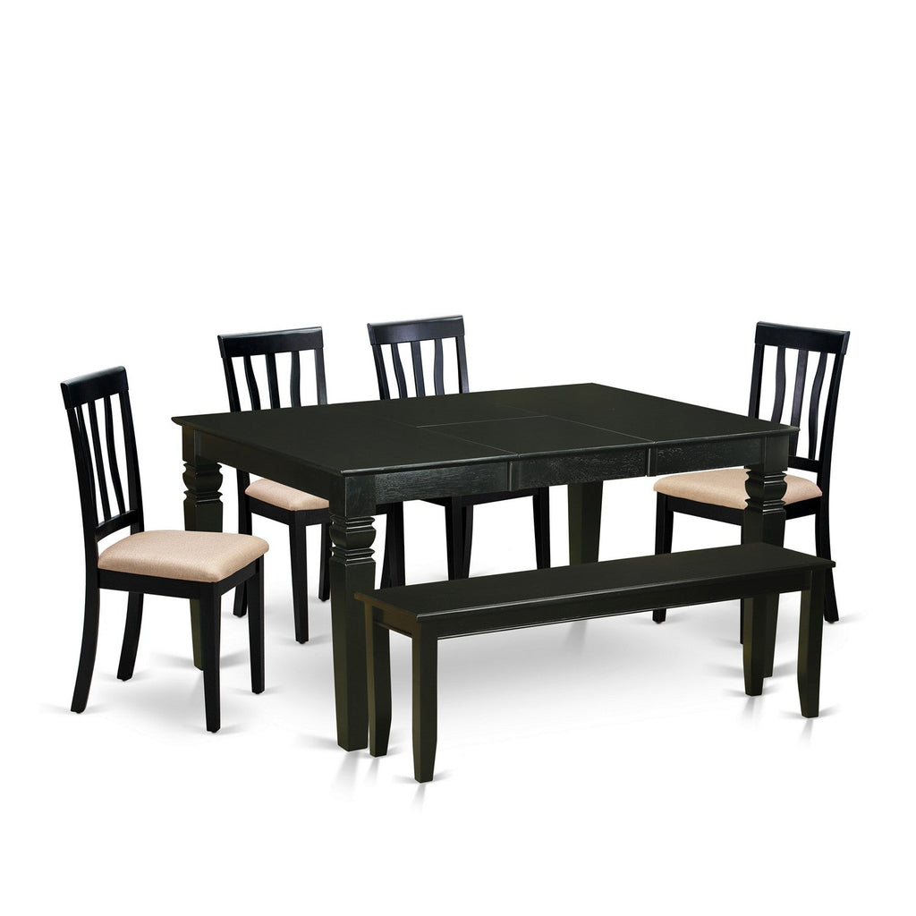 East West Furniture WEAN6D-BLK-C 6 Piece Dining Set Contains a Rectangle Dining Table with Butterfly Leaf and 4 Linen Fabric Upholstered Chairs with a Bench, 42x60 Inch, Black
