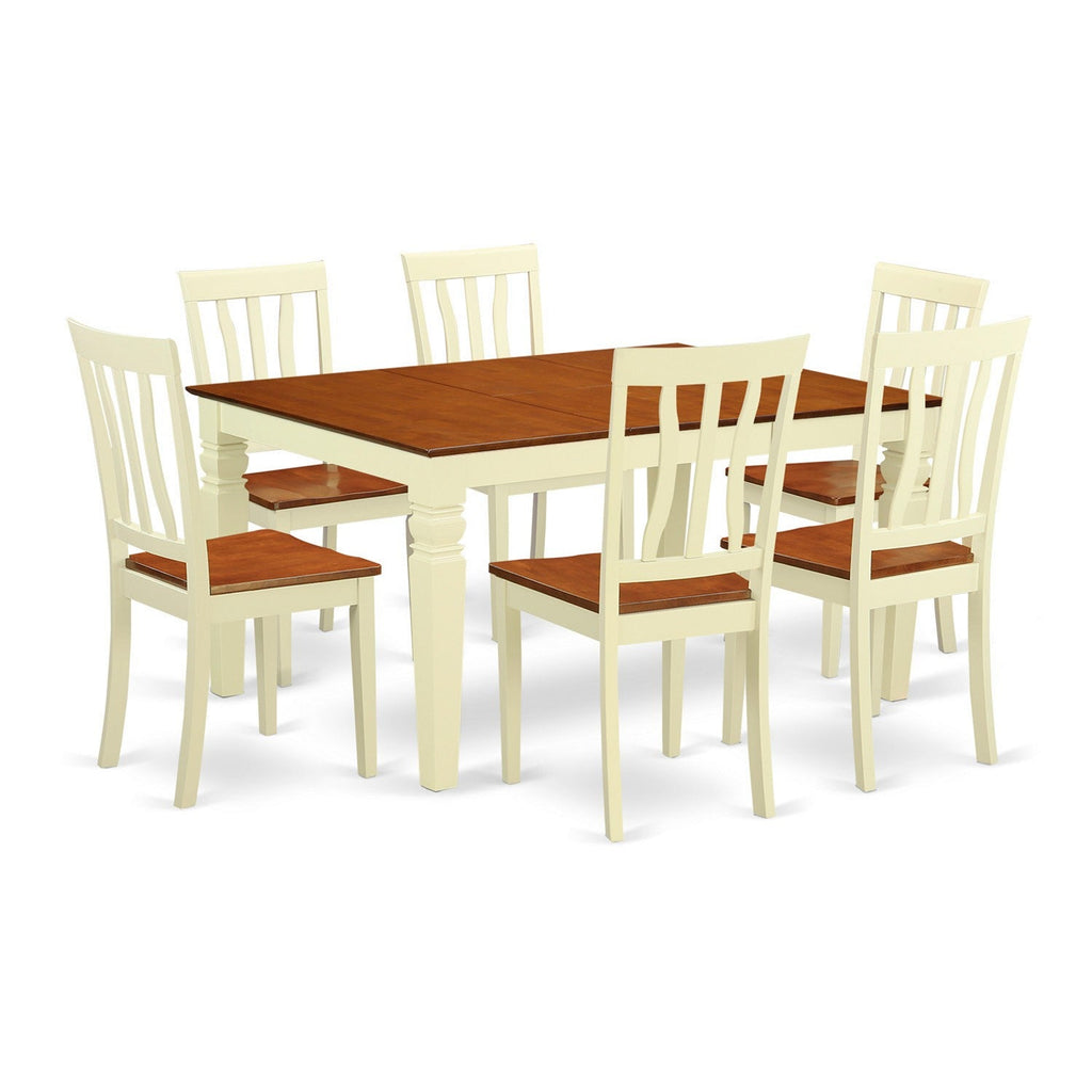 East West Furniture WEAN7-BMK-W 7 Piece Dining Table Set Consist of a Rectangle Dining Room Table with Butterfly Leaf and 6 Wood Seat Chairs, 42x60 Inch, Buttermilk & Cherry