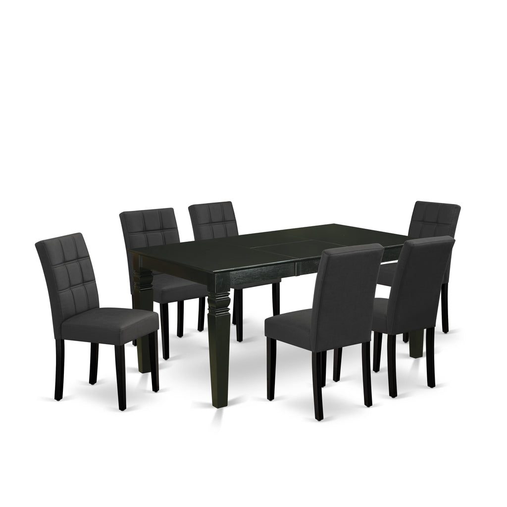 East West Furniture WEAS7-BLK-12 7 Piece Kitchen Table Set contain A Dining Table and 6 Dark Gray Faux Leather Wooden Chairs with Stylish Back- Black Finish