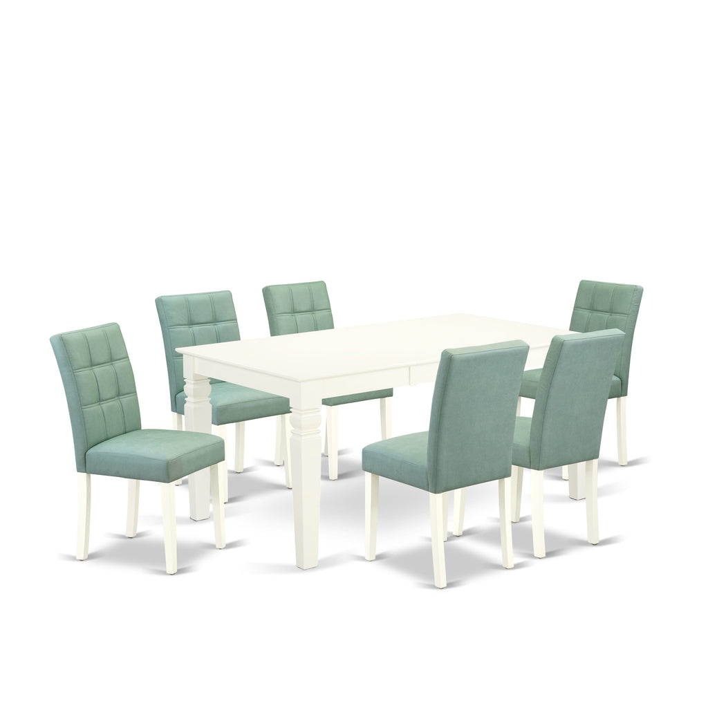 East West Furniture WEAS7-WHI-43 7 Piece Modern Dining Set Includes A Mid Century Modern Table and 6 Willow Green Faux Leather Parson Chairs, Linen White