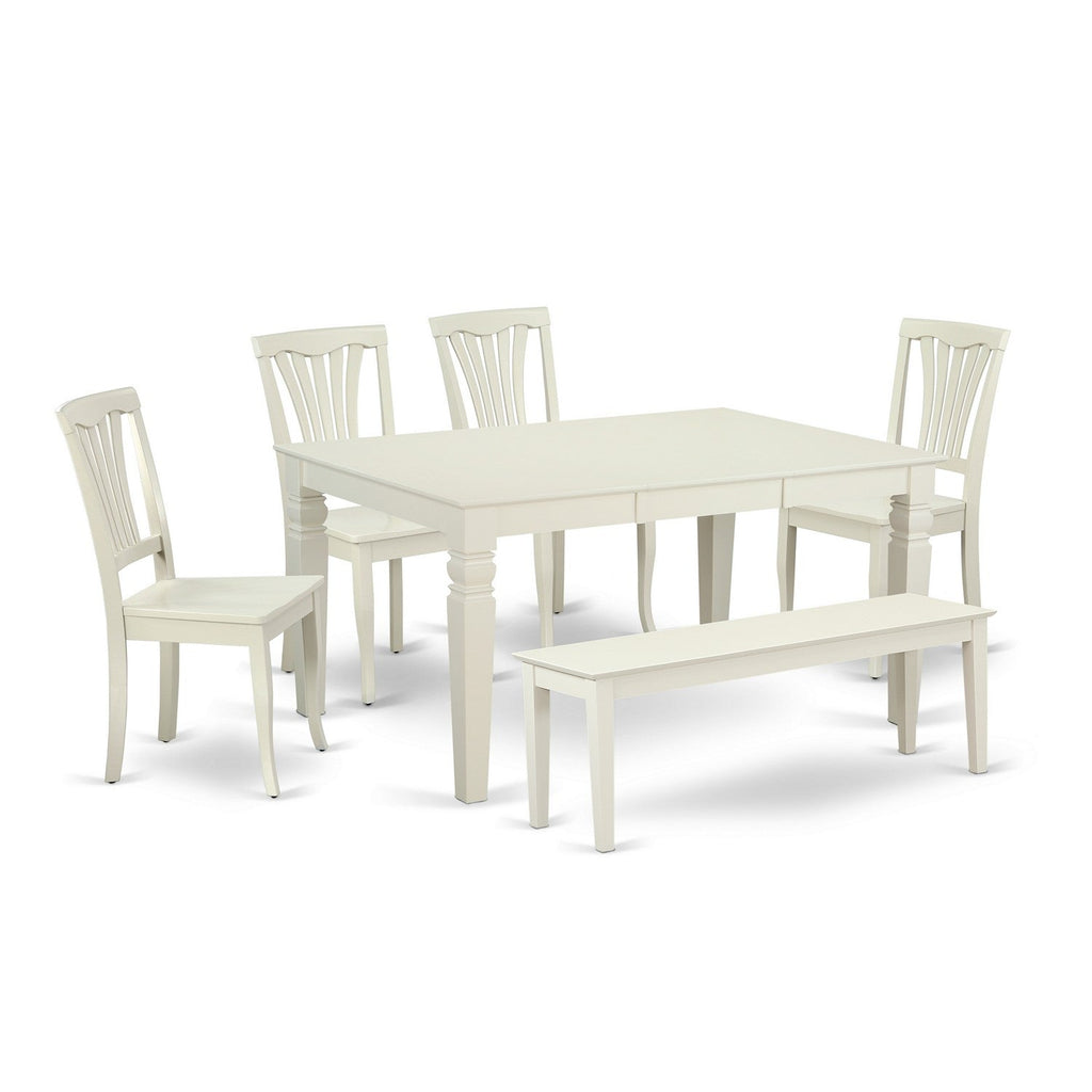 East West Furniture WEAV6C-LWH-W 6 Piece Dining Set Contains a Rectangle Dining Room Table with Butterfly Leaf and 4 Kitchen Chairs with a Bench, 42x60 Inch, Linen White