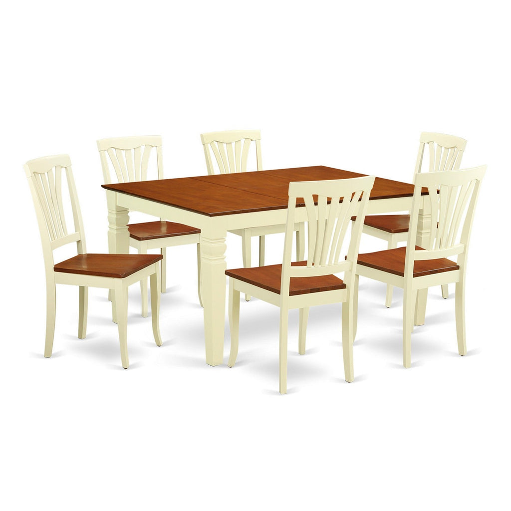 East West Furniture WEAV7-BMK-W 7 Piece Dining Set Consist of a Rectangle Dining Room Table with Butterfly Leaf and 6 Wood Seat Chairs, 42x60 Inch, Buttermilk & Cherry