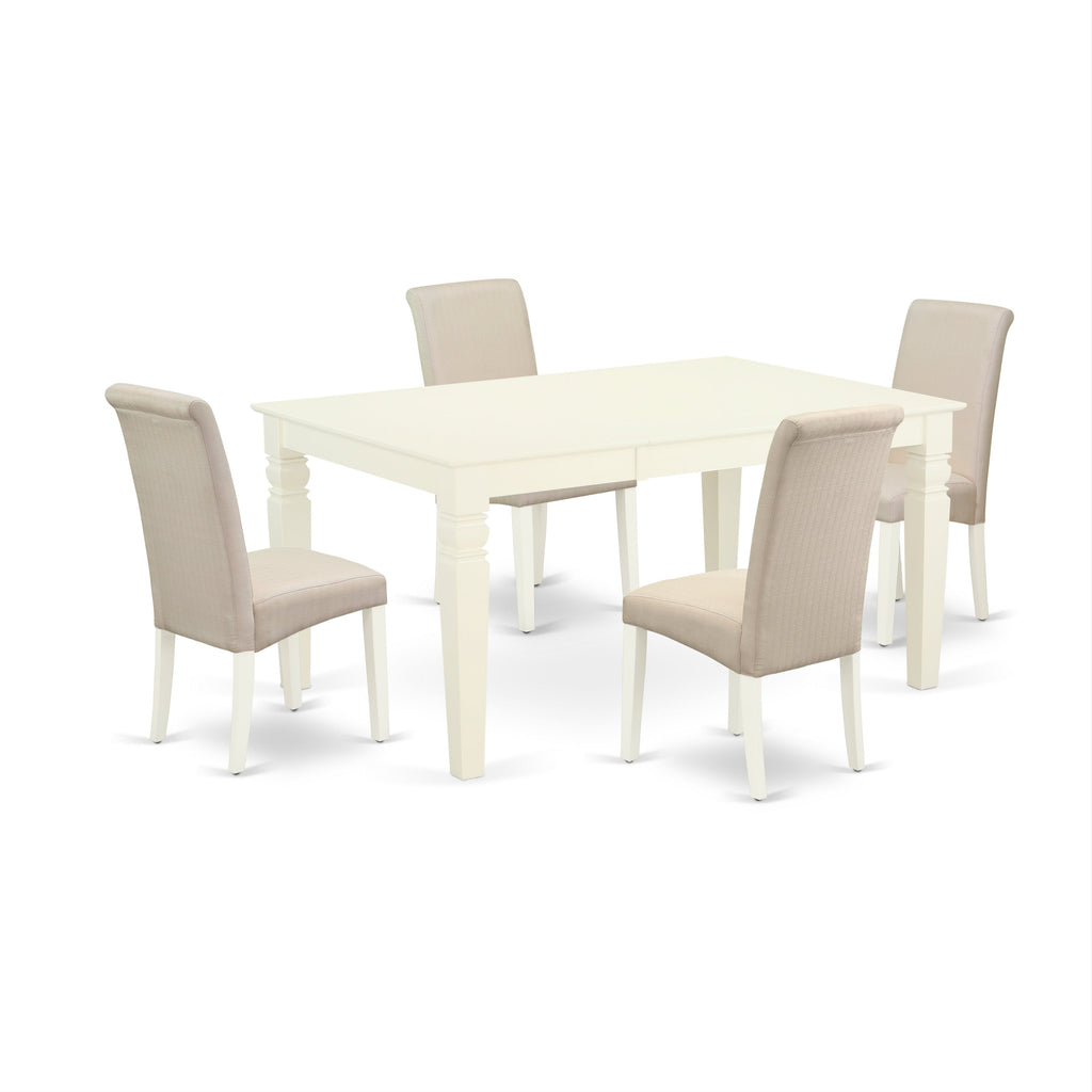 East West Furniture WEBA5-WHI-01 5 Piece Dining Room Furniture Set Includes a Rectangle Wooden Table with Butterfly Leaf and 4 Cream Linen Fabric Parsons Chairs, 42x60 Inch, Linen White