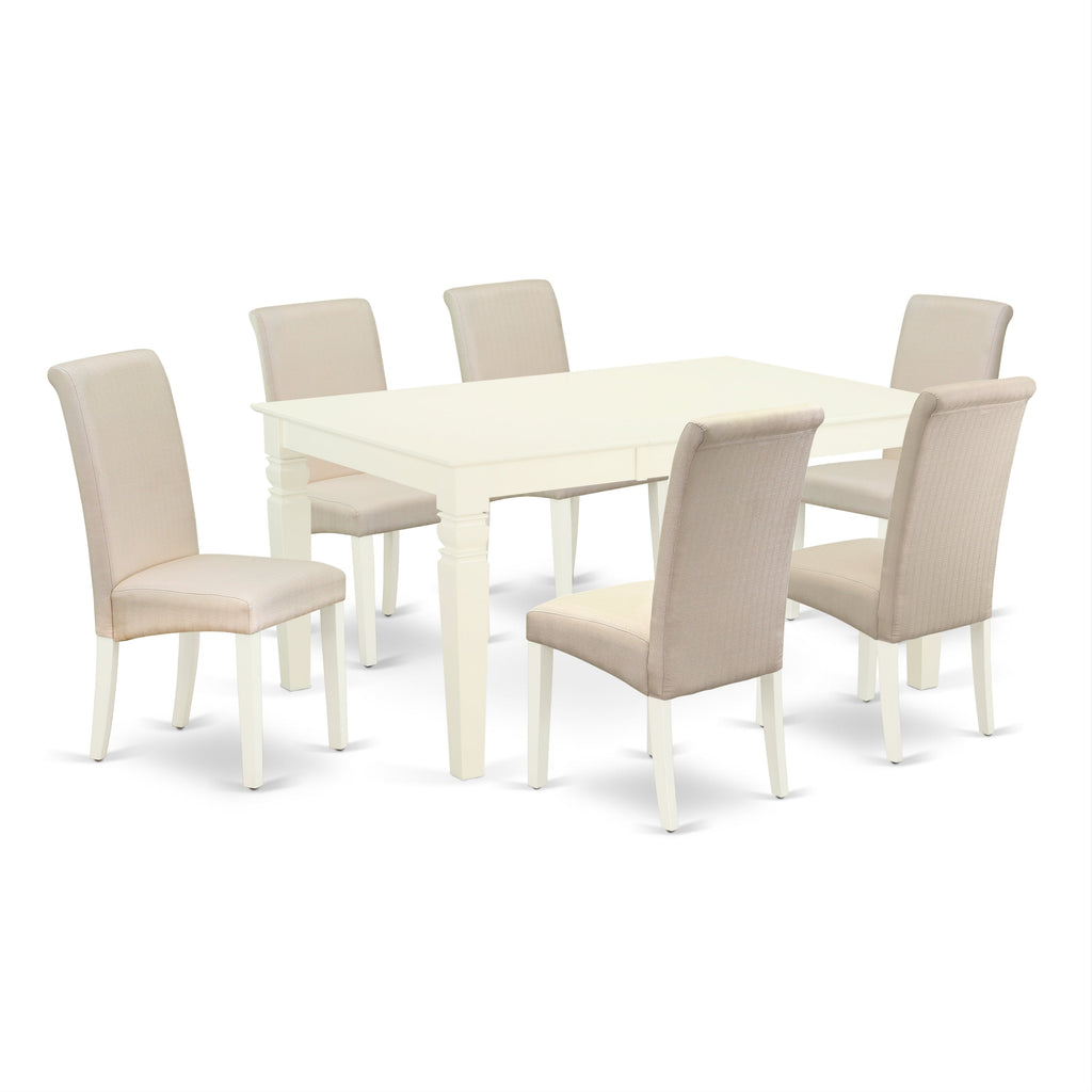 East West Furniture WEBA7-WHI-01 7 Piece Dining Table Set Consist of a Rectangle Kitchen Table with Butterfly Leaf and 6 Cream Linen Fabric Upholstered Chairs, 42x60 Inch, Linen White