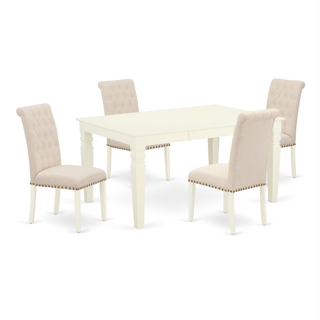 East West Furniture WEBR5-WHI-02 5 Piece Modern Dining Table Set Includes a Rectangle Wooden Table with Butterfly Leaf and 4 Light Beige Linen Fabric Parsons Chairs, 42x60 Inch, Linen White