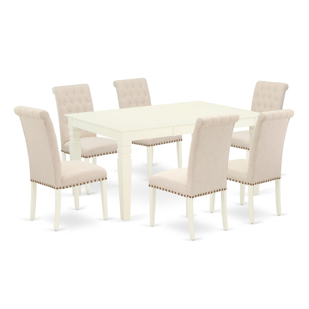 East West Furniture WEBR7-WHI-02 7 Piece Kitchen Table Set Consist of a Rectangle Dining Table with Butterfly Leaf and 6 Light Beige Linen Fabric Parson Chairs, 42x60 Inch, Linen White