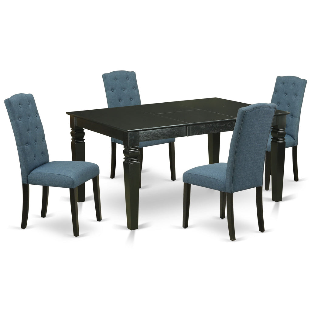 East West Furniture WECE5-BLK-21 5 Piece Dining Room Set Includes a Rectangle Wooden Table with Butterfly Leaf and 4 Mineral Blue Linen Fabric Parson Dining Chairs, 42x60 Inch, Black