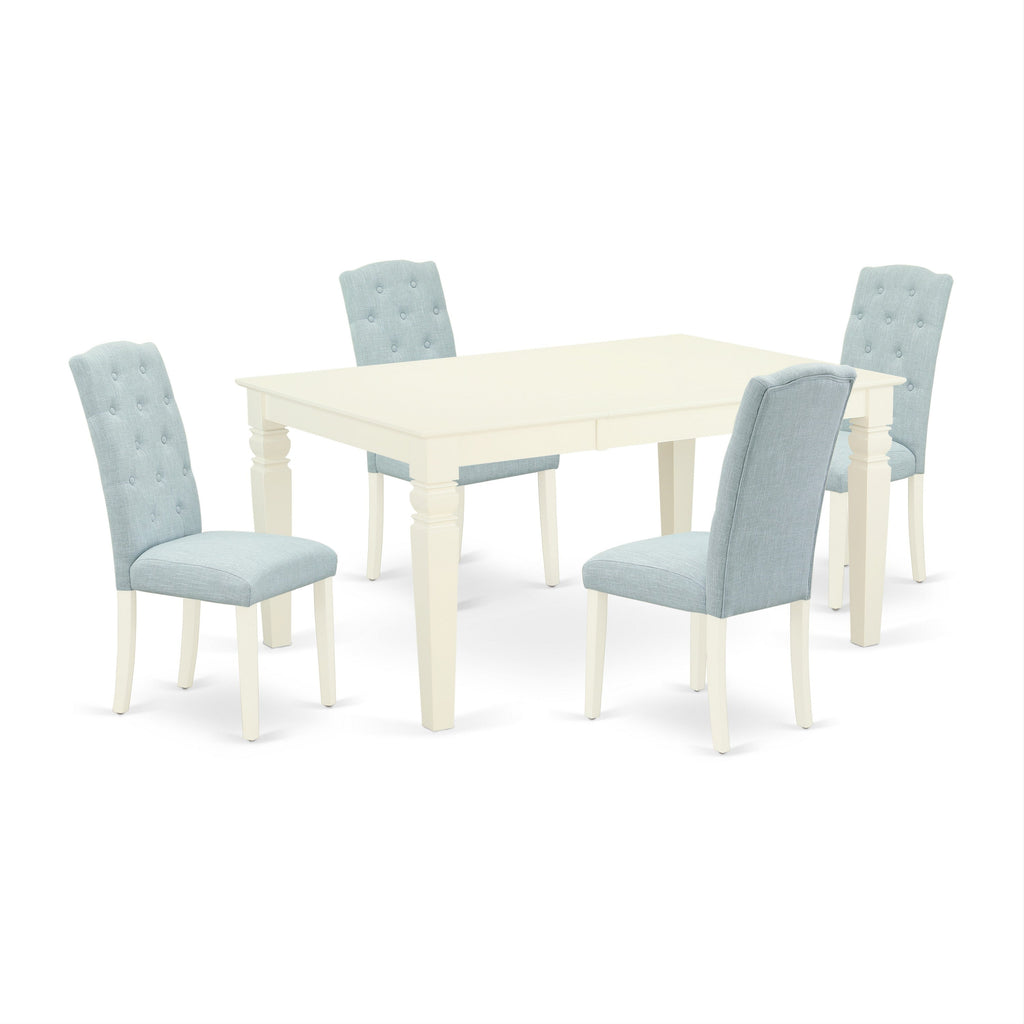 East West Furniture WECE5-WHI-15 5 Piece Dining Set Includes a Rectangle Dining Room Table with Butterfly Leaf and 4 Baby Blue Linen Fabric Upholstered Chairs, 42x60 Inch, Linen White