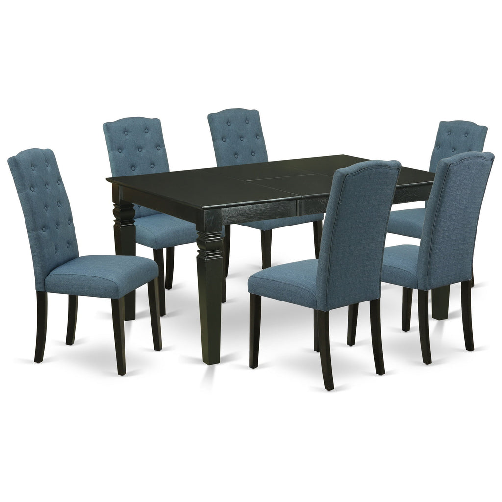 East West Furniture WECE7-BLK-21 7 Piece Dinette Set Consist of a Rectangle Dining Table with Butterfly Leaf and 6 Mineral Blue Linen Fabric Parson Dining Chairs, 42x60 Inch, Black