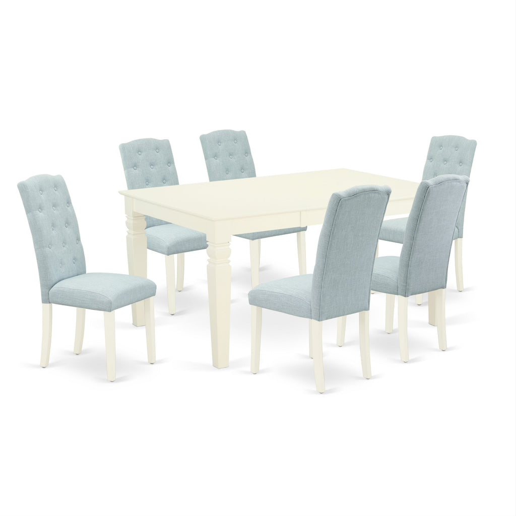 East West Furniture WECE7-WHI-15 7 Piece Dining Table Set Consist of a Rectangle Wooden Table with Butterfly Leaf and 6 Baby Blue Linen Fabric Upholstered Chairs, 42x60 Inch, Linen White