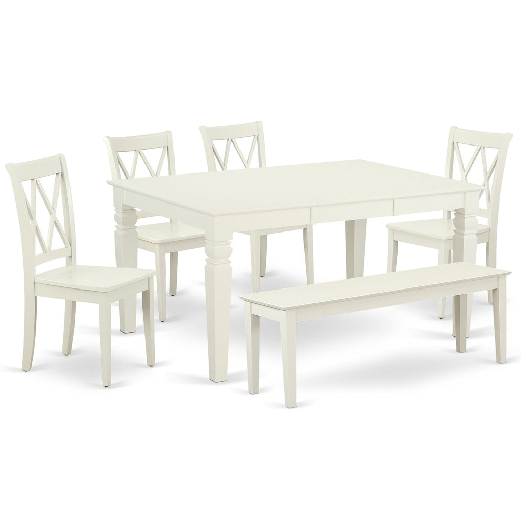East West Furniture WECL6C-LWH-W 6 Piece Dining Room Furniture Set Contains a Rectangle Kitchen Table with Butterfly Leaf and 4 Dining Chairs with a Bench, 42x60 Inch, Linen White